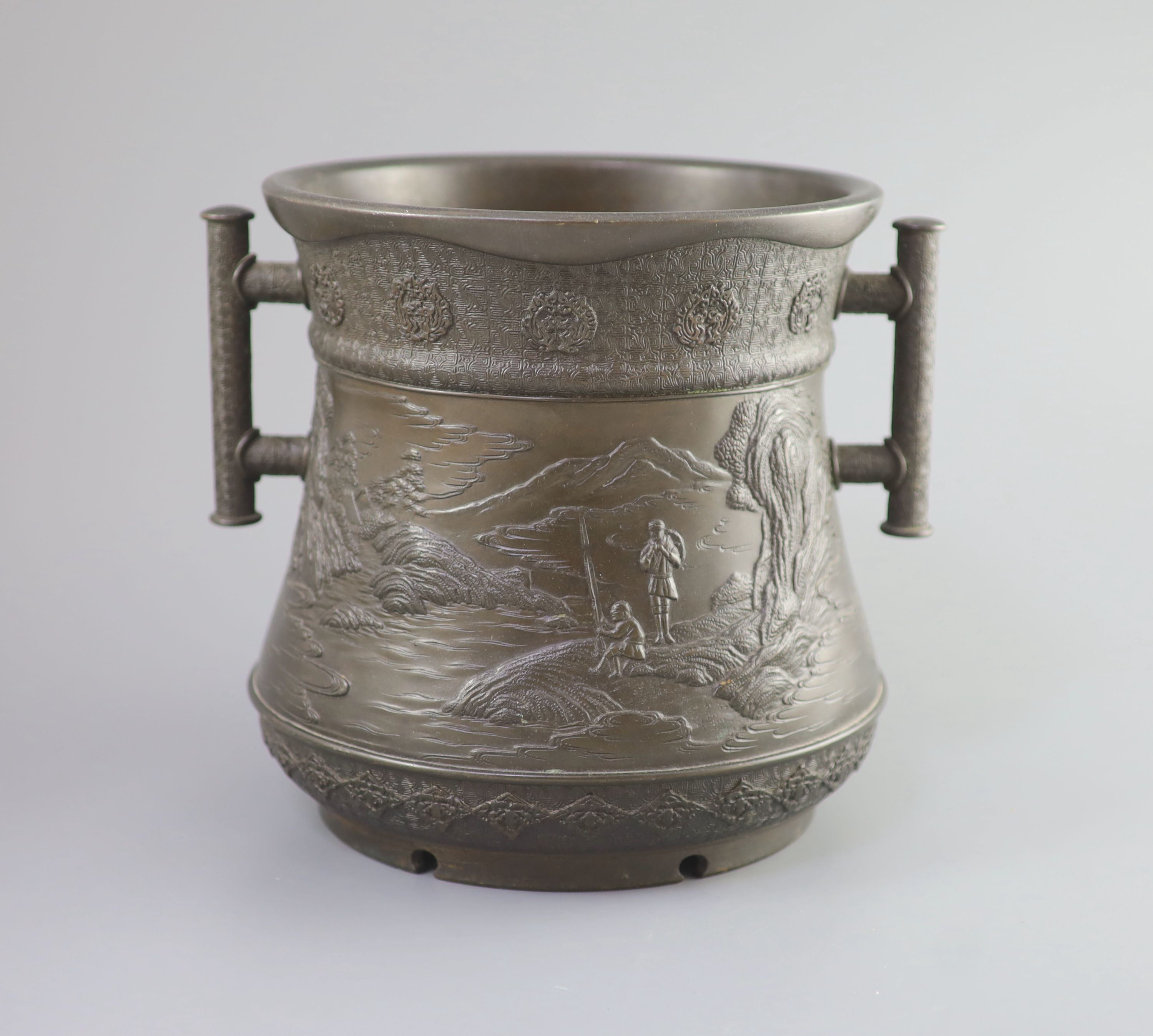 A Japanese archaistic bronze two-handled vessel, Meiji period 25cm high, 28.5cm wide